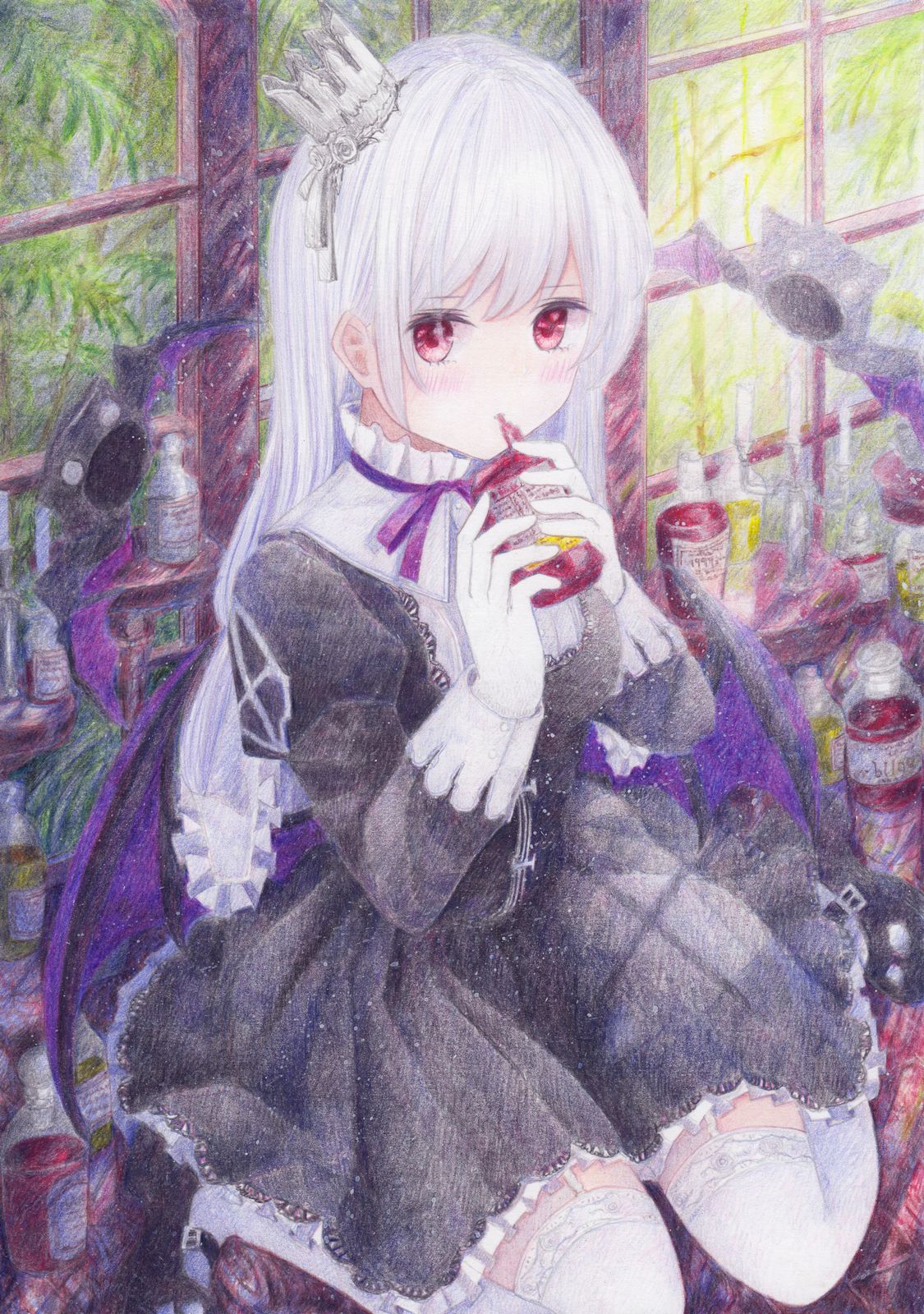 black_dress blood blood_bag blush bottle colored_pencil_(medium) crown darkkanan dress drinking_blood garter_straps garters gloves graphite_(medium) highres indoors kneeling lolita_fashion long_hair mini_crown original red_eyes shoes thigh-highs traditional_media vampire watercolor_(medium) white_hair white_legwear wings