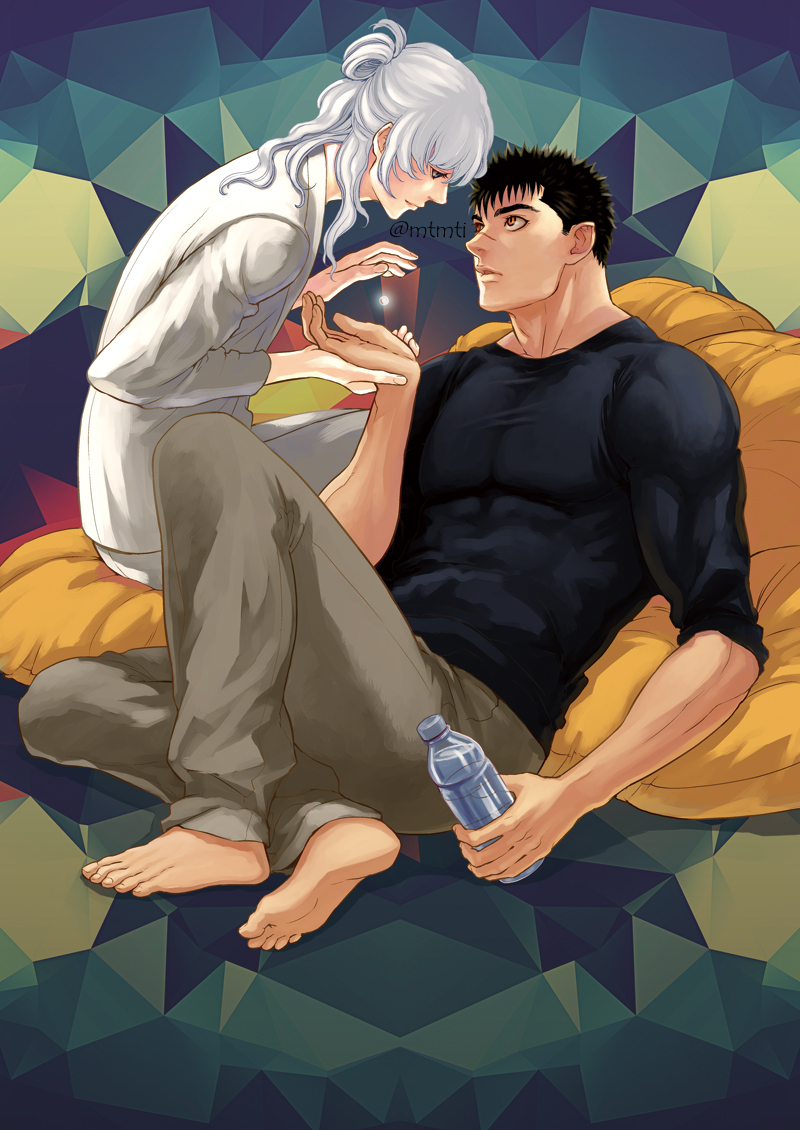2boys androgynous barefoot berserk black_hair black_shirt blue_eyes bottle brown_eyes chest couple cover cover_page covered_abs doujin_cover eye_contact facial_scar full_body griffith_(berserk) guts_(berserk) long_hair looking_at_another male_focus multiple_boys muscle nose_scar open_hands scar shirt short_hair tied_hair tight toned toned_male twitter_username water_bottle wavy_hair white_hair zonzgong