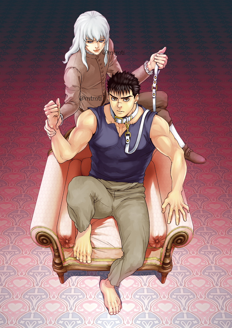2boys androgynous berserk black_hair black_tank_top blue_eyes chest collar couple cover cover_page doujin_cover facial_scar full_body griffith_(berserk) guts_(berserk) harness long_hair male_focus multiple_boys muscle nose_scar pants scar short_hair sleeveless tank_top toned toned_male twitter_username wavy_hair white_hair yaoi yellow_eyes zonzgong