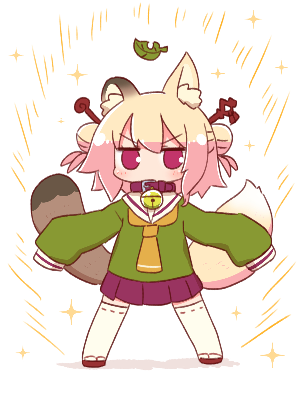 1girl animal_ears asymmetrical_ears bangs bell bell_collar blush brown_collar collar double_bun eyebrows_visible_through_hair fox_ears fox_girl fox_tail full_body green_shirt hair_between_eyes hair_ornament highres jingle_bell kemomimi-chan_(naga_u) leaf long_sleeves looking_at_viewer multiple_tails naga_u orange_neckwear original pleated_skirt purple_skirt raccoon_ears raccoon_girl raccoon_tail ribbon-trimmed_legwear ribbon_trim sailor_collar shadow shirt skirt sleeves_past_fingers sleeves_past_wrists solo sparkle standing tail thigh-highs two_tails v-shaped_eyebrows violet_eyes white_background white_legwear white_sailor_collar