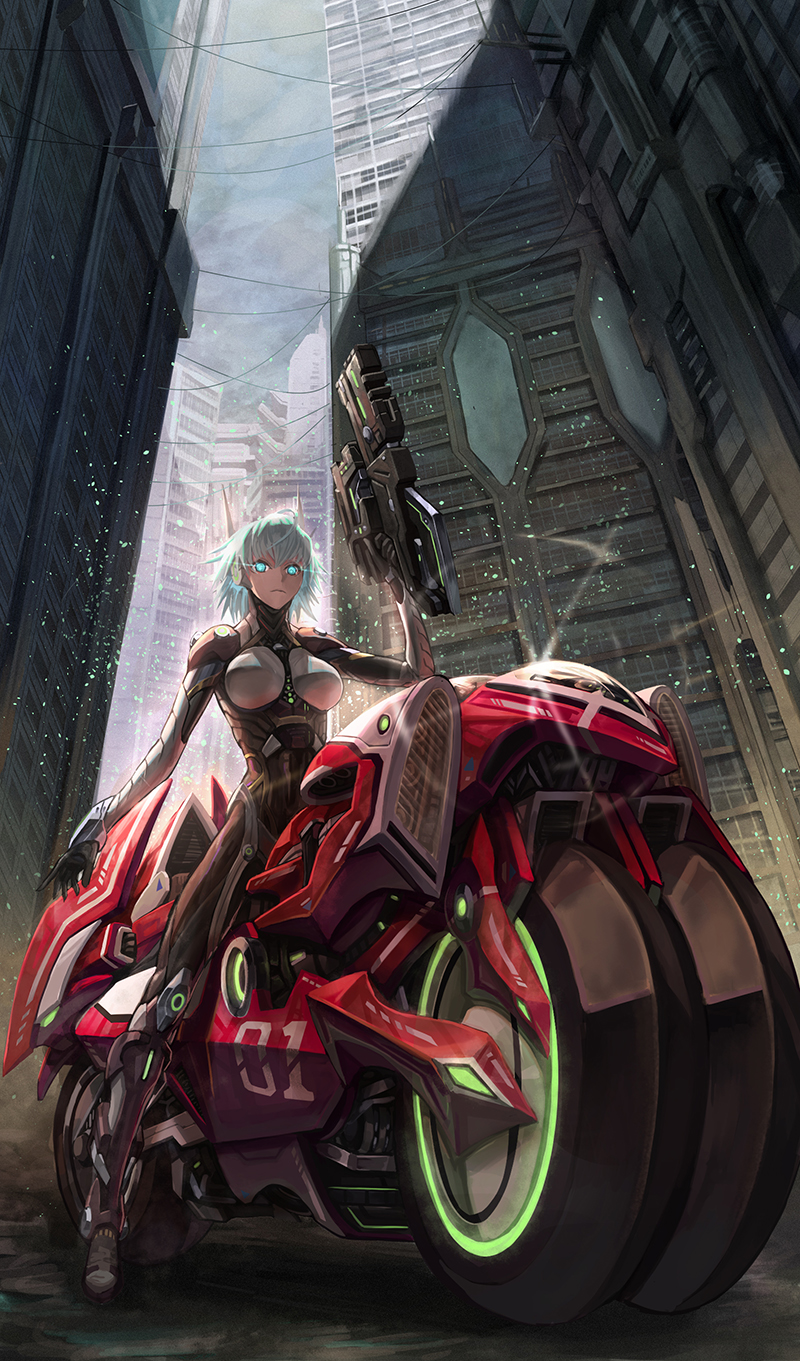 1girl aqua_eyes aqua_hair bodysuit breasts building eyes glowing glowing_eyes ground_vehicle gun hair_between_eyes highres holding holding_gun holding_weapon large_breasts light_particles mecha_musume motor_vehicle motorcycle original outdoors saikoro_(et1312) science_fiction short_hair sitting skin_tight weapon