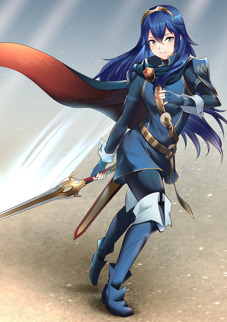 1girl ameno_(a_meno0) blue_hair boots breasts cape falchion_(fire_emblem) fingerless_gloves fire_emblem fire_emblem_awakening full_body gloves grey_eyes hair_between_eyes highres holding holding_sword holding_weapon leggings long_hair lucina lucina_(fire_emblem) scabbard sheath small_breasts smile solo sword thigh-highs thigh_boots tiara weapon