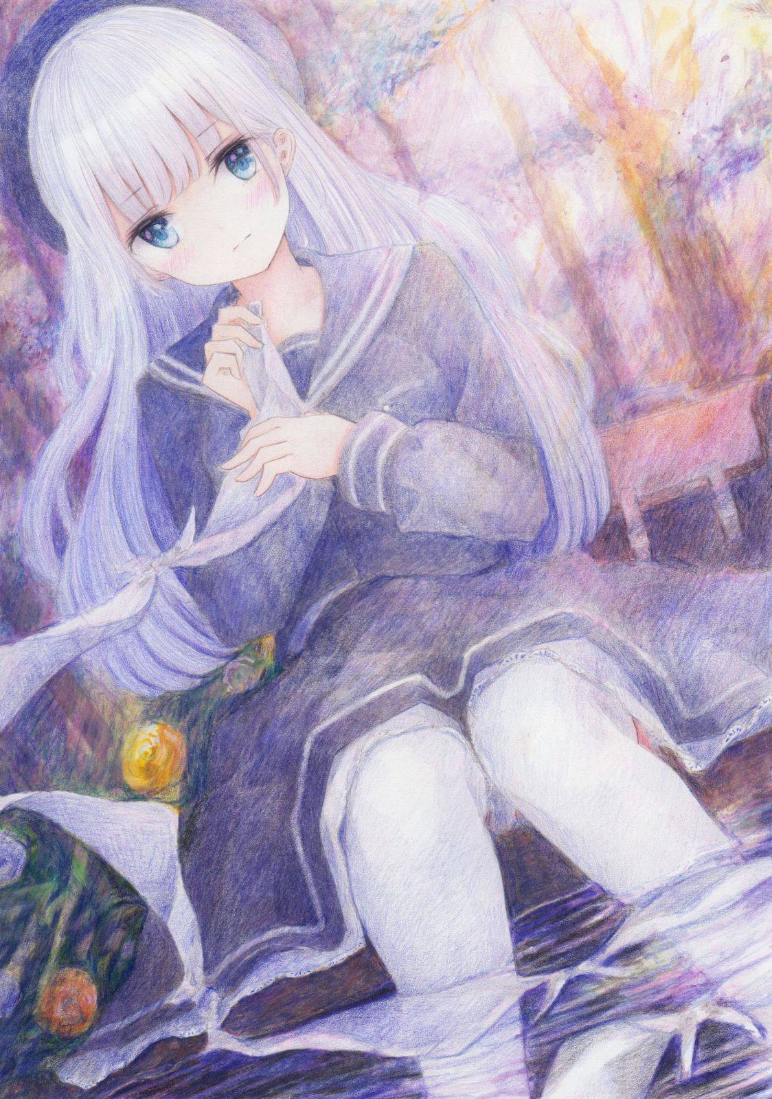 1girl bag blue_eyes blush colored_pencil_(medium) darkkanan graphite_(medium) hat highres indoors long_hair original school_bag school_hat school_uniform sitting slug solo thigh-highs traditional_media water watercolor_(medium) wet white_hair white_legwear