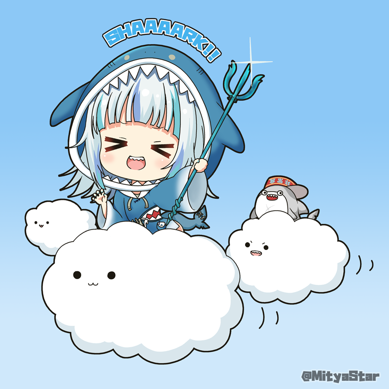 &gt;_&lt; 1girl :3 :d bangs bloop_(gawr_gura) blue_background blue_hair blue_hoodie blue_nails chibi closed_eyes closed_mouth clouds commentary_request english_text gawr_gura glint gradient gradient_background holding hololive hololive_english hood hood_up hoodie long_sleeves miicha multicolored_hair nail_polish open_mouth polearm shark_hood sharp_teeth silver_hair smile solid_circle_eyes streaked_hair teeth trident twitter_username virtual_youtuber weapon wide_sleeves xd