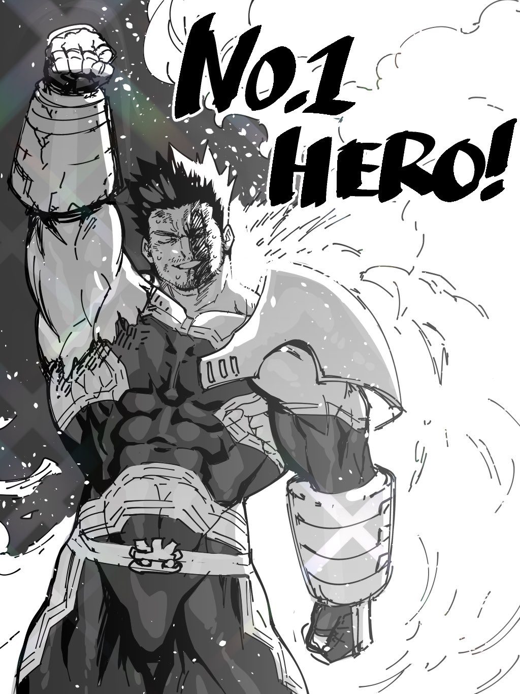 1boy abs arm_up bara bare_chest bodysuit boku_no_hero_academia bulge chest closed_eyes covered_abs covered_navel cowboy_shot facial_scar fire greyscale highres mabataki male_focus monochrome muscle navel nipples scar short_hair sketch smile solo thick_thighs thighs todoroki_enji torn_bodysuit torn_clothes