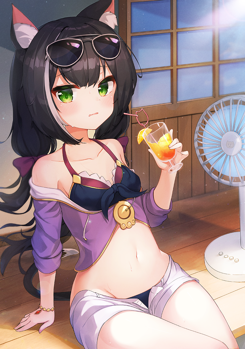 1girl 2drr animal_ear_fluff animal_ears bangs bare_shoulders bikini black_hair blue_bikini blush bow breasts cat_ears cat_girl cat_tail commentary_request crazy_straw cup drinking_glass drinking_straw electric_fan eyebrows_visible_through_hair eyewear_on_head green_eyes hair_between_eyes hair_bow hand_up highres holding holding_cup jacket karyl_(princess_connect!) long_hair looking_at_viewer low_twintails multicolored_hair off_shoulder open_clothes open_fly open_shorts parted_lips princess_connect! princess_connect!_re:dive purple_bow purple_jacket short_shorts short_sleeves shorts sitting small_breasts solo streaked_hair sunglasses sweat swimsuit tail twintails veranda very_long_hair white_hair white_shorts