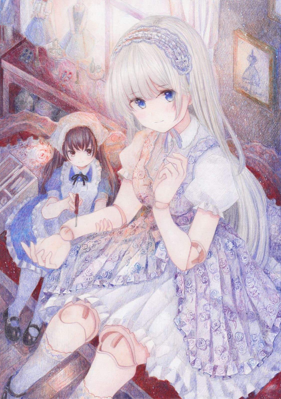 2girls apron blue_eyes blush breasts brown_hair colored_pencil_(medium) couch darkkanan doll doll_joints dress graphite_(medium) hairband headdress highres joints large_breasts lolita_fashion lolita_hairband long_hair looking_at_viewer multiple_girls original pinafore_dress prosthesis prosthetic_arm prosthetic_hand prosthetic_leg shoes sitting socks traditional_media watercolor_(medium) white_hair yellow_eyes