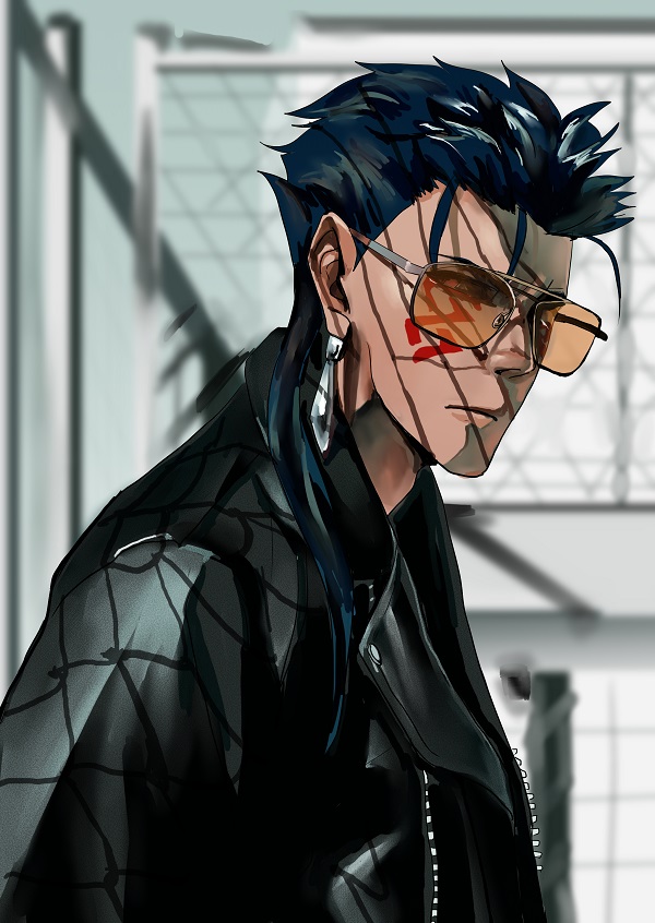 1boy alternate_costume blue_hair bodypaint chain-link_fence closed_mouth cu_chulainn_(fate)_(all) cu_chulainn_alter_(fate/grand_order) earrings fate/grand_order fate_(series) fence frown jacket jewelry leather leather_jacket long_hair looking_back looking_to_the_side ponytail red_eyes shadow solo spiky_hair sunglasses teapotkaede tinted_eyewear type-moon