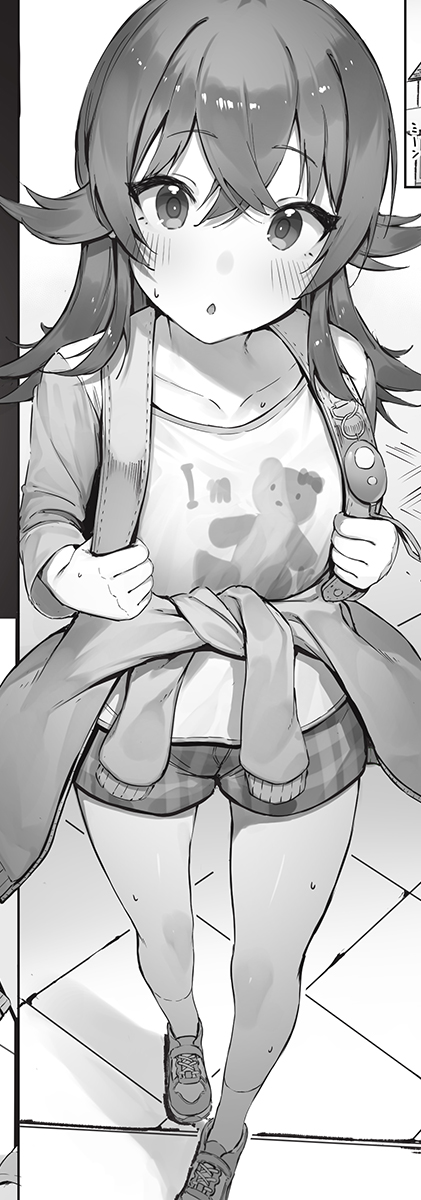 1girl bag bear blush breasts clothes_around_waist collarbone full_body greyscale highres looking_at_viewer monochrome open_mouth shirt shoes short_shorts shorts stuffed_animal stuffed_toy sweat t-shirt teddy_bear