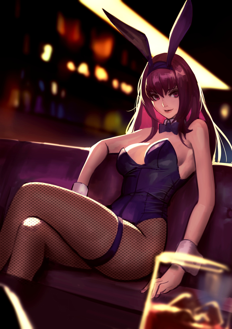 1girl animal_ears bar breasts bunny_girl bunnysuit couch crossed_legs cup detached_collar drinking_glass fake_animal_ears fate/grand_order fate_(series) fishnet_legwear fishnets hair_intakes hairband indoors large_breasts leotard long_hair phamoz piercing_bunny purple_hair purple_hairband purple_leotard purple_neckwear rabbit_ears red_eyes scathach_(fate)_(all) scathach_(fate/grand_order) solo strapless strapless_leotard thigh_strap wine_glass wrist_cuffs