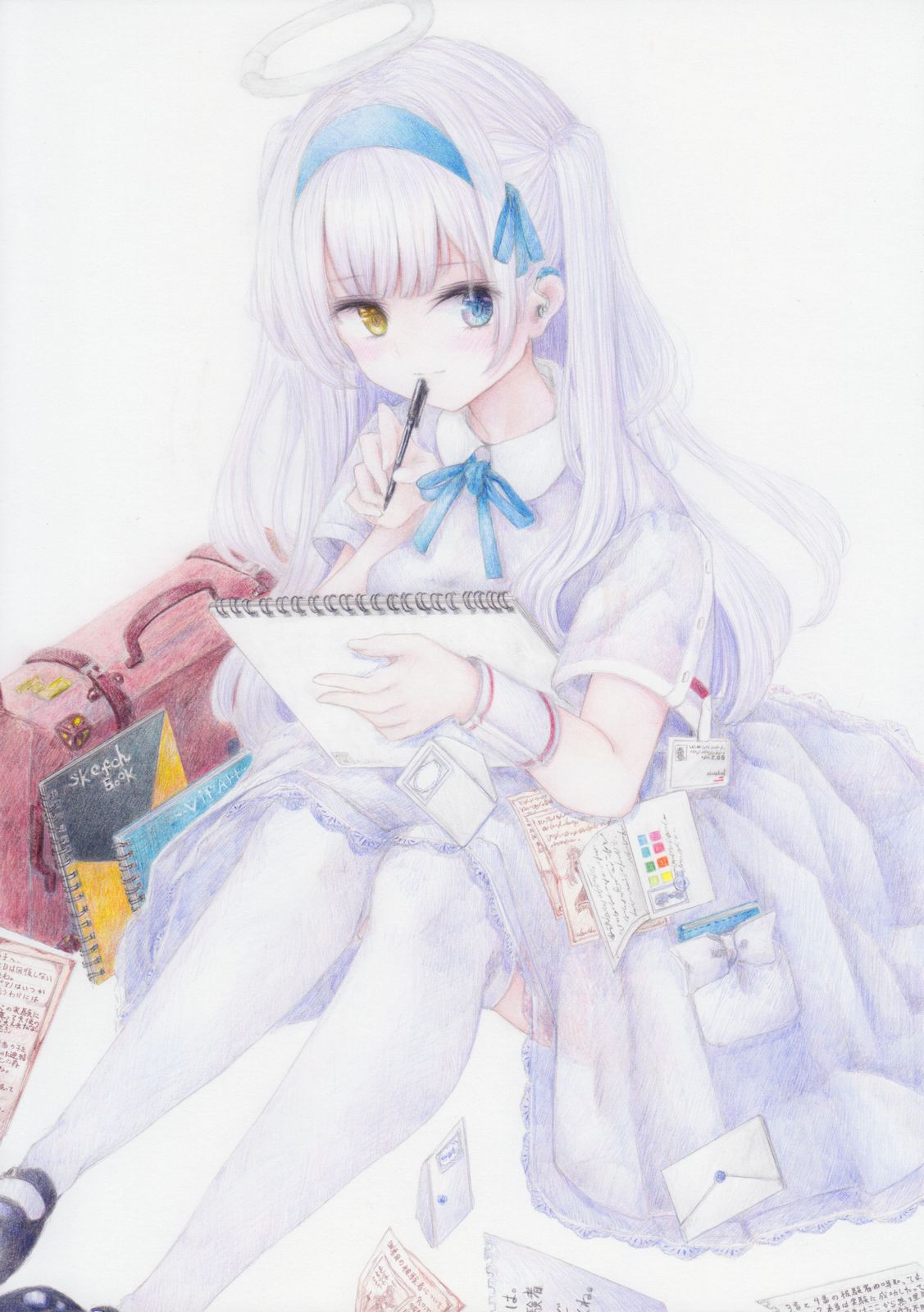 bag colored_pencil_(medium) darkkanan drawing dress graphite_(medium) hairband halo heterochromia highres long_hair mail name_tag original shoes simple_background sitting suitcase thigh-highs traditional_media white_dress white_hair white_legwear