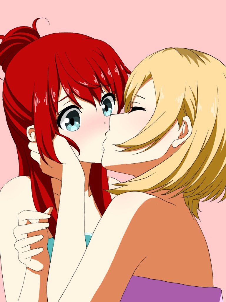 2girls blue_eyes blush closed_eyes commentary hair_bun hand_on_another's_face kiss light_brown_hair long_hair looking_at_another mitsuhiro-510-goto miyamori_aoi multiple_girls pink_background redhead sakaki_shizuka shirobako short_hair simple_background surprise_kiss surprised towel upper_body yuri