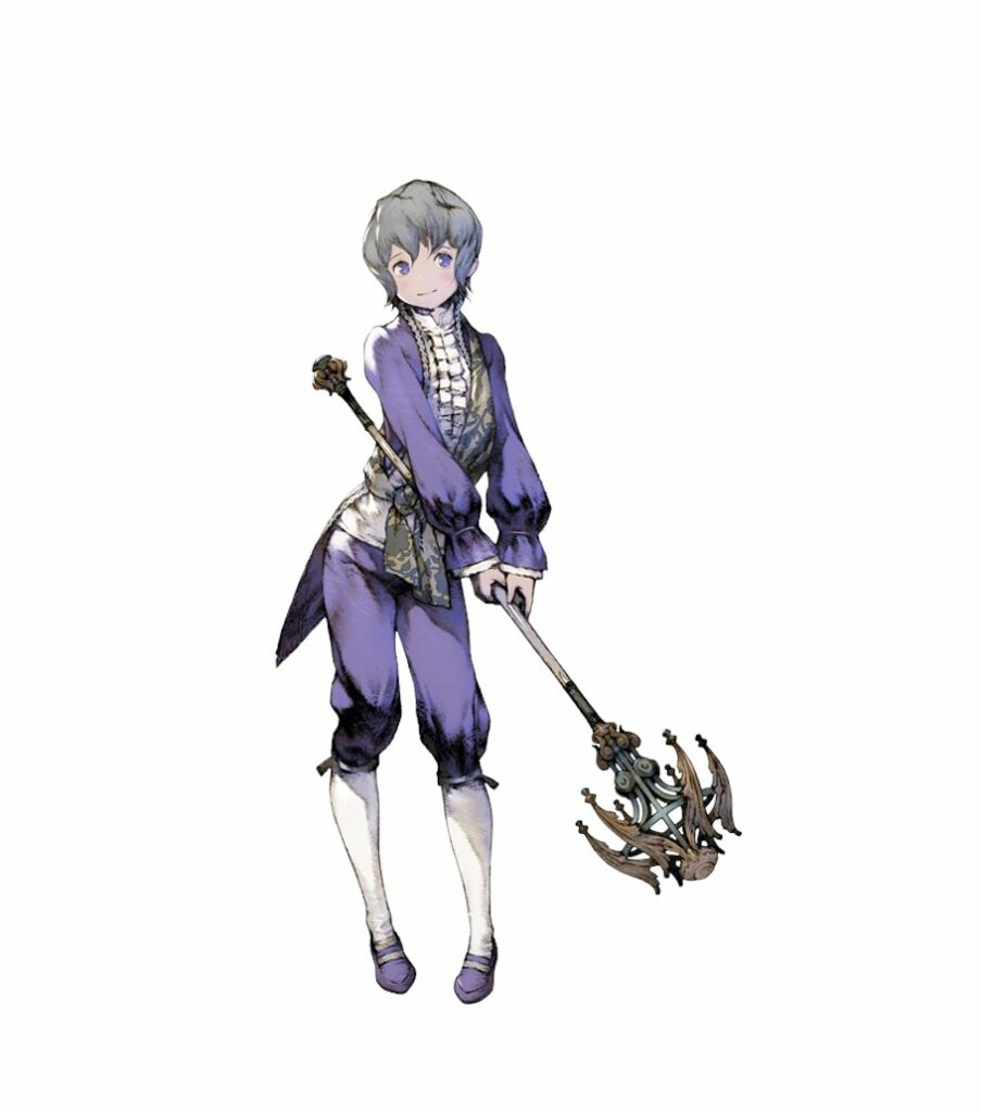 1boy blush emil_(nier) full_body grey_hair light_blush nier nier_(series) official_art short_hair smile solo staff standing yoshida_akihiko