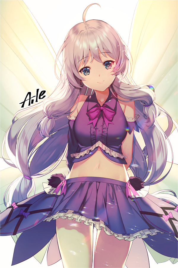 1girl ahoge aile_(crossroads) arms_behind_back bare_shoulders black_eyes bow bowtie breasts collared_shirt cowboy_shot crop_top detached_sleeves frilled_skirt frills head_tilt long_hair looking_at_viewer low_twintails medium_breasts midriff miniskirt navel purple_neckwear purple_shirt purple_skirt shirt silver_hair single_sleeve skirt smile solo soul_worker standing stella_unibell stomach thighs twintails very_long_hair