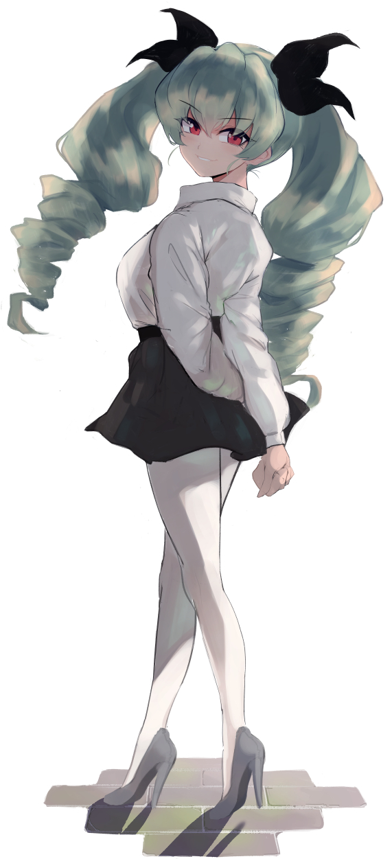 1girl anchovy_(girls_und_panzer) anzio_school_uniform arms_behind_back bangs black_ribbon black_skirt commentary dress_shirt drill_hair eyebrows_visible_through_hair from_side full_body girls_und_panzer green_hair grey_footwear hair_ribbon high_heels highres long_hair long_sleeves looking_at_viewer miniskirt mityubi pantyhose parted_lips pleated_skirt red_eyes ribbon round_eyewear school_uniform shirt shoes simple_background skirt smirk smug solo standing twin_drills twintails white_background white_legwear white_shirt wing_collar
