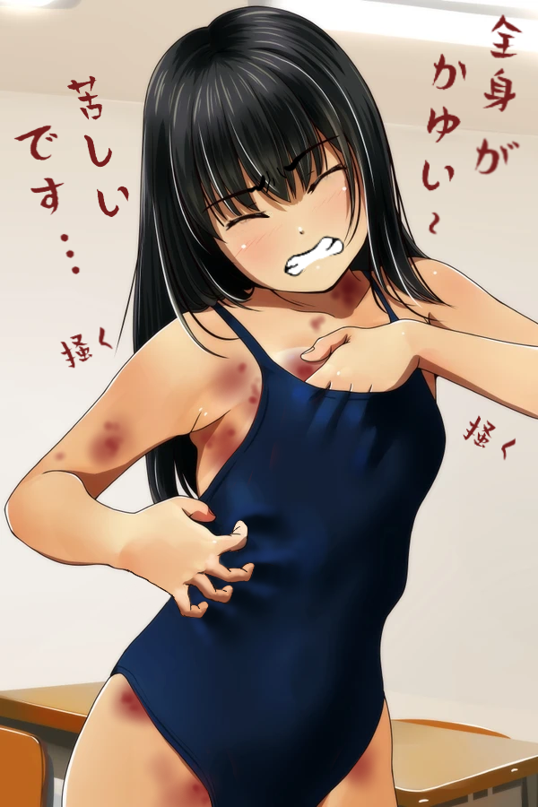 1girl adjusting_clothes adjusting_swimsuit bangs black_hair breasts classroom closed_eyes eyebrows_visible_through_hair flat_chest long_hair one-piece_swimsuit one-piece_tan original school_swimsuit solo swimsuit tan tanline user_tmkv7374