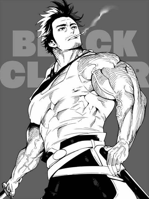 1boy bara bare_shoulders black_clover chest cigarette copyright_name covered_abs covered_nipples greyscale katana mabataki male_focus monochrome muscle short_hair simple_background smoking solo spiky_hair sword tank_top veins weapon white_tank_top yami_sukehiro