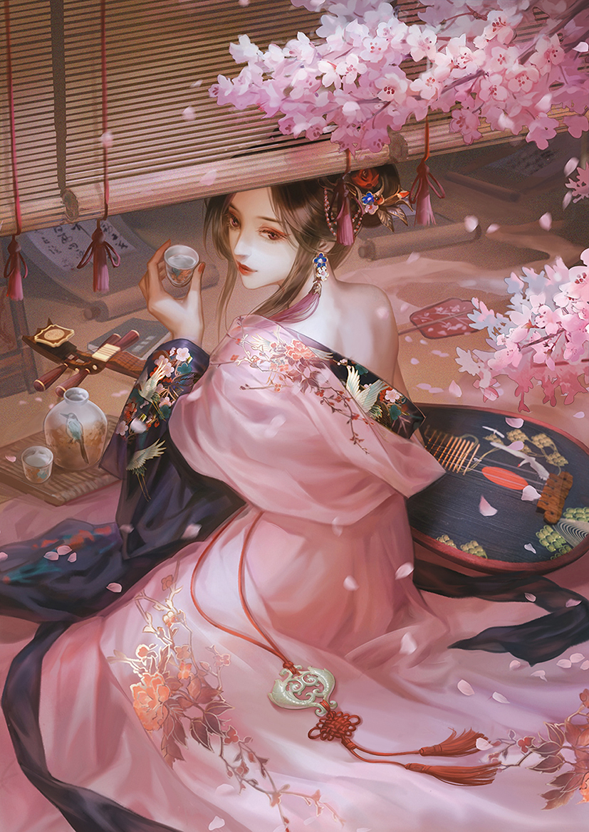 1girl alcohol animal_print arm_at_side bamboo_screen bare_shoulders beads bird_print book brown_eyes brown_hair chinese_clothes closed_mouth commentary_request copyright_request cup day earrings embroidery eyelashes eyeliner flower flower_earrings from_behind from_outside hadanugi_dousa hair_ornament hand_up hanfu holding holding_cup instrument jar jewelry knee_up knot leaf_hair_ornament light_smile long_sleeves looking_away looking_back makeup motion_blur on_floor petals pink_flower pipa_(instrument) red_lips scroll side_bun sidelocks sitting solo tassel tassel_earrings tray tree_branch wine yinseqiji