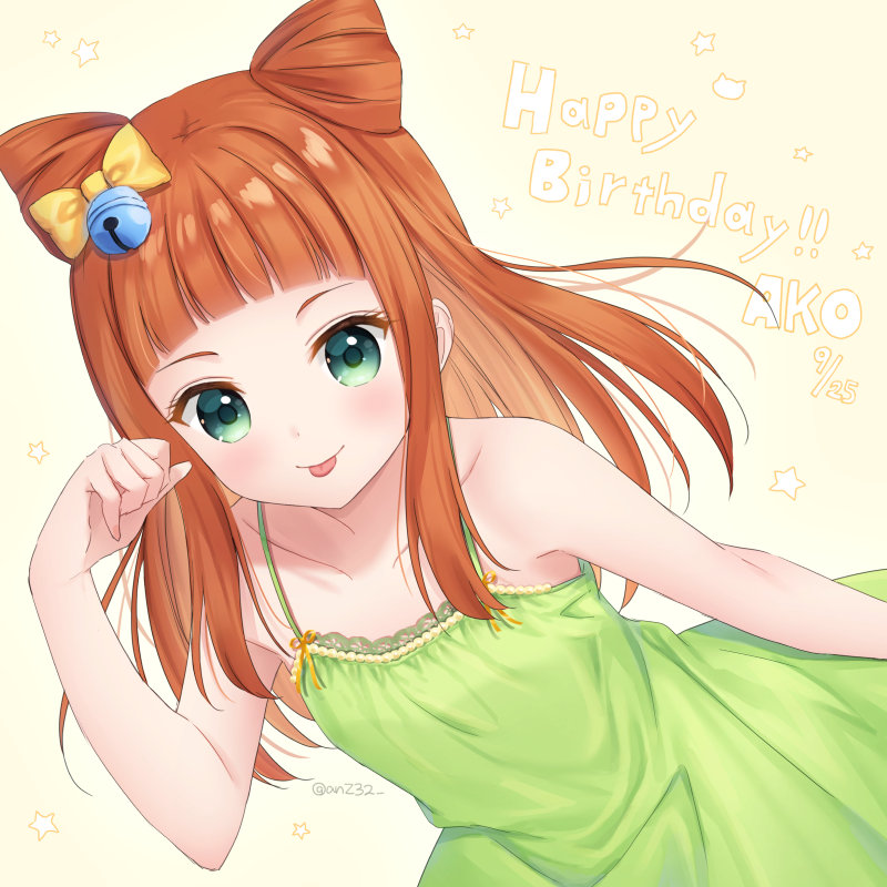 1girl :p aikatsu!_(series) aikatsu_stars! anz32 bangs bare_arms bare_shoulders bell bow brown_background brown_hair character_name closed_mouth collarbone commentary_request dated dress green_dress green_eyes hair_bell hair_bow hair_ornament hand_up happy_birthday jingle_bell leaning_forward long_hair saotome_ako sleeveless sleeveless_dress smile solo starry_background tongue tongue_out very_long_hair yellow_bow