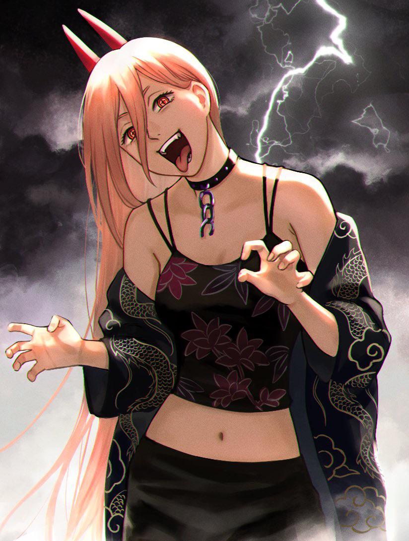 1girl alternate_costume bare_shoulders black_choker black_shirt chainsaw_man choker claw_pose crosshair_pupils demon_girl demon_horns denim fangs gothic horns jeans lightning_bolt long_hair looking_at_viewer midriff navel night night_sky open_mouth pants pink_hair power_(chainsaw_man) red_eyes red_horns shirt sky solo tank_top tongue tongue_out very_long_hair yuko666