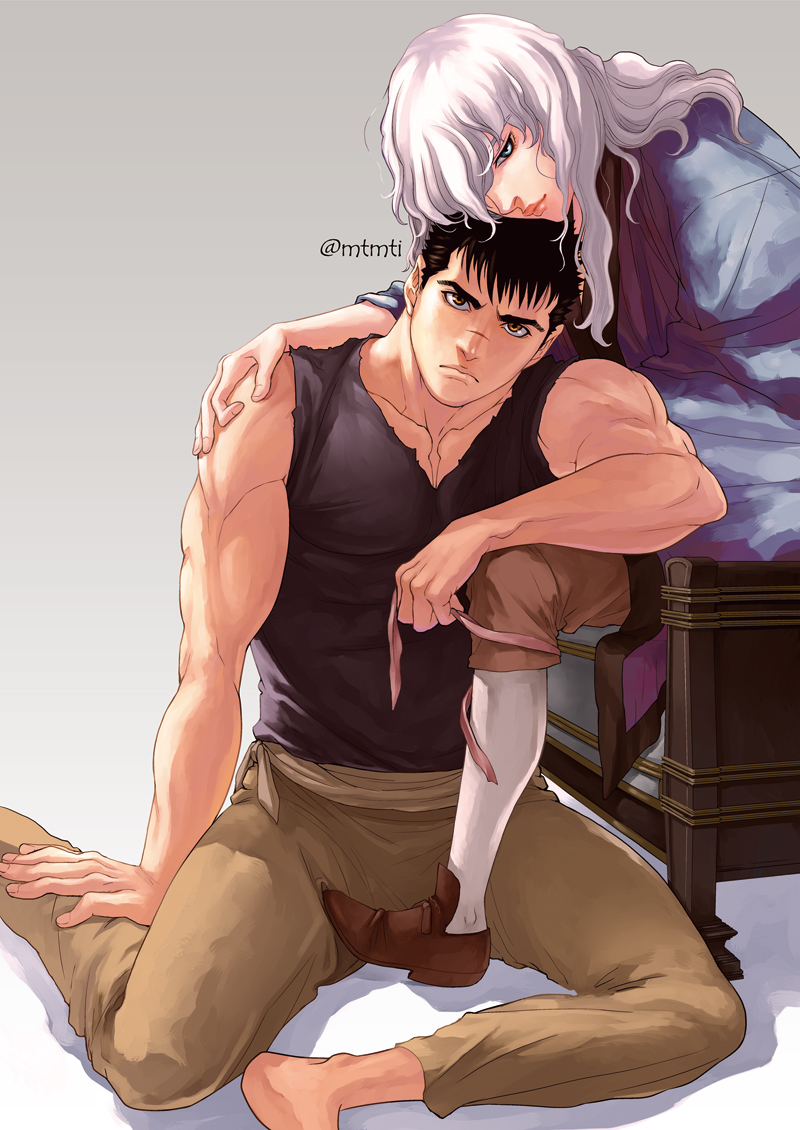 2boys androgynous bara bare_shoulders berserk black_hair black_tank_top blue_eyes brown_eyes chest couple cover cover_page doujin_cover facial_scar feet_out_of_frame griffith_(berserk) guts_(berserk) head_on_head long_hair looking_at_viewer male_focus multiple_boys muscle nose_scar scar shoes short_hair socks tank_top toned toned_male twitter_username wavy_hair white_hair yaoi zonzgong