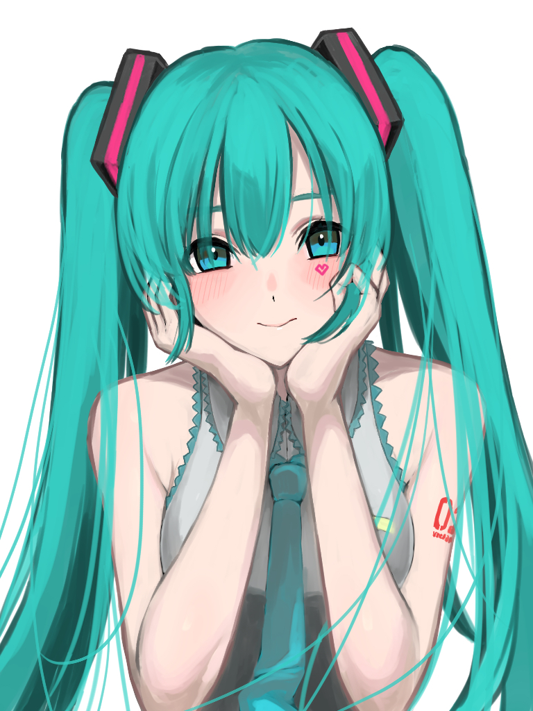 1girl aqua_hair aqua_neckwear arm_tattoo bangs bare_shoulders blue_eyes blush breasts closed_mouth collared_shirt facial_mark grey_shirt hair_ornament hair_over_shoulder hands_on_own_cheeks hands_on_own_face hatsune_miku head_rest heart long_hair looking_at_viewer necktie nishikino_kee shirt simple_background sleeveless sleeveless_shirt smile solo tattoo twintails upper_body vocaloid white_background