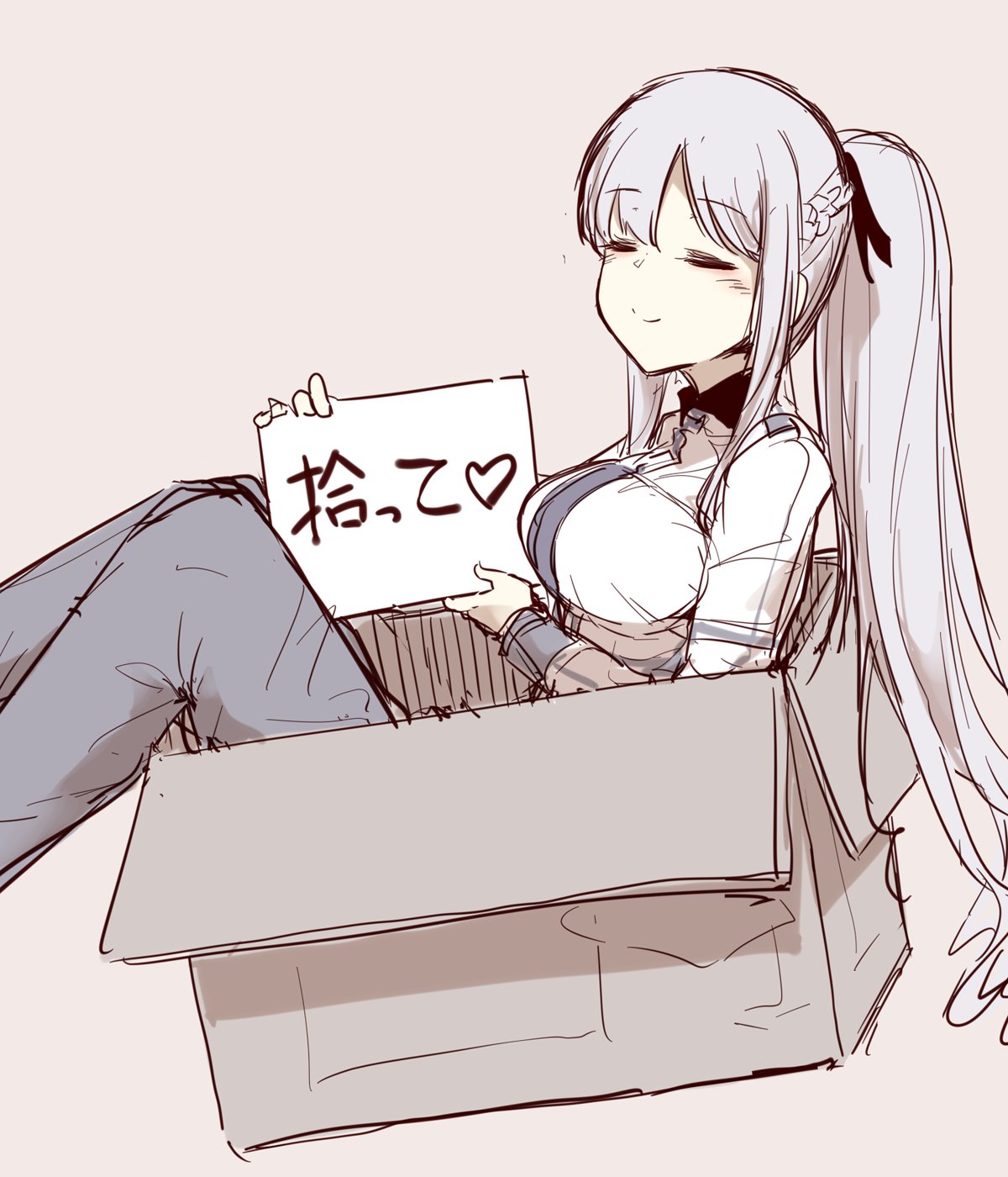 1girl ak-12_(girls_frontline) bangs box braid breasts cardboard_box closed_eyes closed_mouth commentary_request for_adoption girls_frontline highres holding holding_sign hourai_kochou in_box in_container large_breasts long_hair long_sleeves pants ponytail sign silver_hair simple_background smile solo