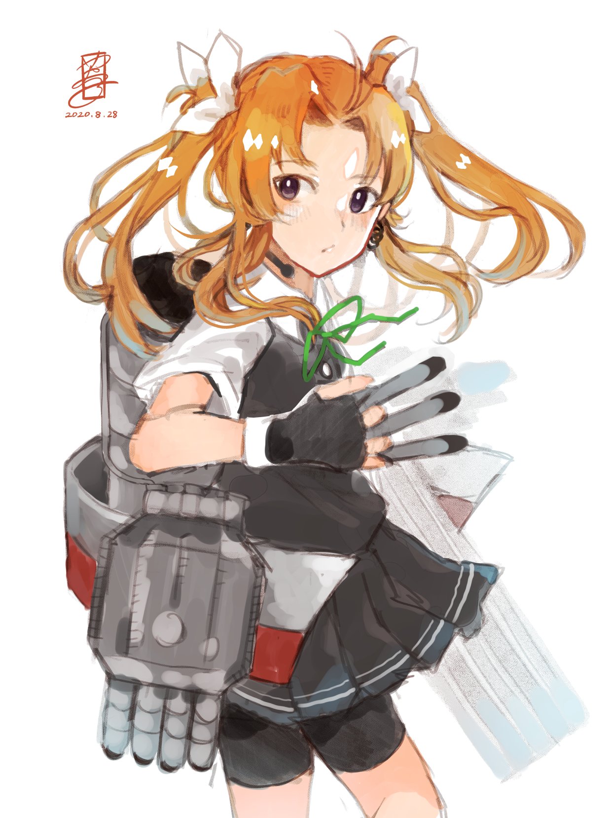 1girl bangs bike_shorts black_gloves black_skirt black_vest blush dated fingerless_gloves gloves green_neckwear hair_ribbon headset highres holding holding_torpedo jitsukawa_ashi kagerou_(kantai_collection) kantai_collection long_hair neck_ribbon orange_hair pleated_skirt ribbon school_uniform shirt short_sleeves shorts shorts_under_skirt sidelocks signature simple_background skirt solo torpedo twintails vest white_background white_shirt