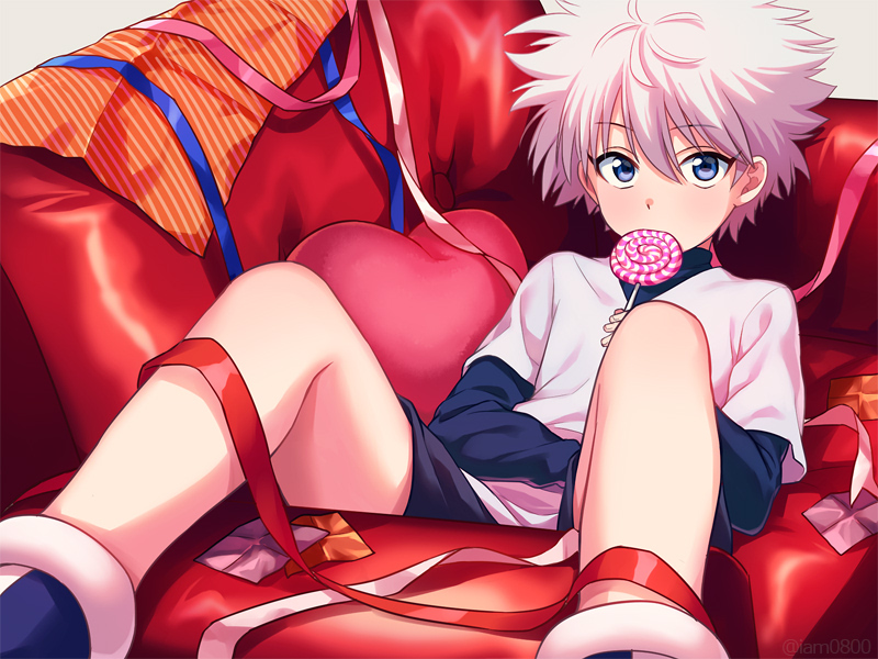 1boy blue_eyes blue_ribbon blue_shirt candy commentary_request couch eyebrows_visible_through_hair feet_out_of_frame food heart heart_pillow holding holding_candy holding_food holding_lollipop hunter_x_hunter killua_zoldyck lollipop long_sleeves looking_at_viewer male_focus messy_hair pillow pink_ribbon purple_shorts red_ribbon ribbon sayshownen shirt short_hair shorts sitting solo spiky_hair t-shirt turtleneck white_hair white_ribbon white_shirt