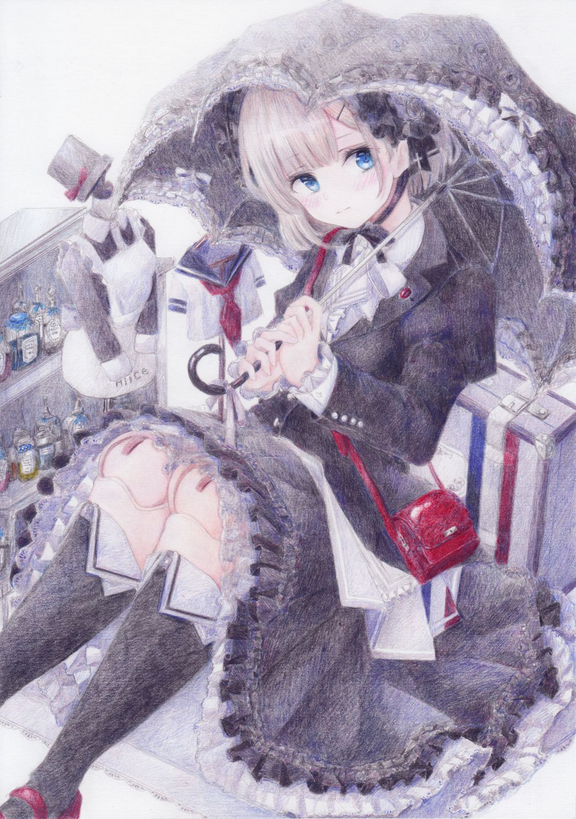 1girl bag black_dress black_legwear blue_eyes blush bob_cut bow colored_pencil_(medium) doll dress graphite_(medium) grey_hair hair_bow handbag highres maid original prosthesis prosthetic_leg school_uniform shoes short_hair sitting solo suitcase thigh-highs traditional_media umbrella