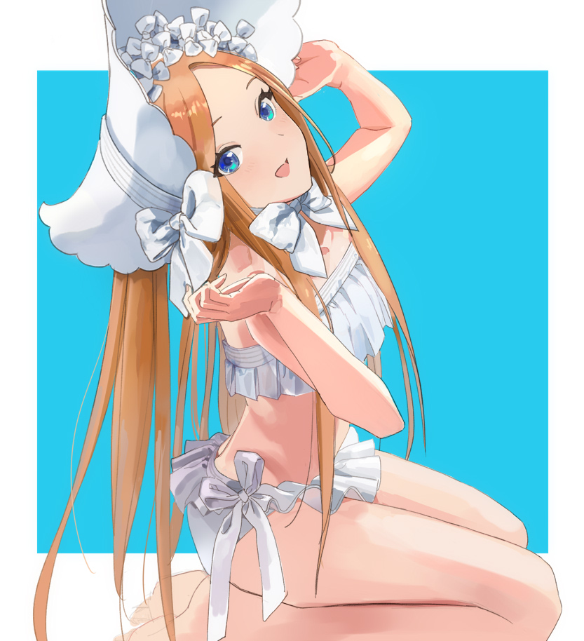 1girl abigail_williams_(fate/grand_order) abigail_williams_(swimsuit_foreigner)_(fate) bangs bare_shoulders barefoot bikini blonde_hair blue_background blue_eyes blush bonnet border bow breasts fate/grand_order fate_(series) forehead hands_up legs long_hair looking_at_viewer multiple_bows na_(piyopiyokamera) open_mouth parted_bangs seiza sidelocks sitting small_breasts smile swimsuit white_bikini white_border white_bow white_headwear