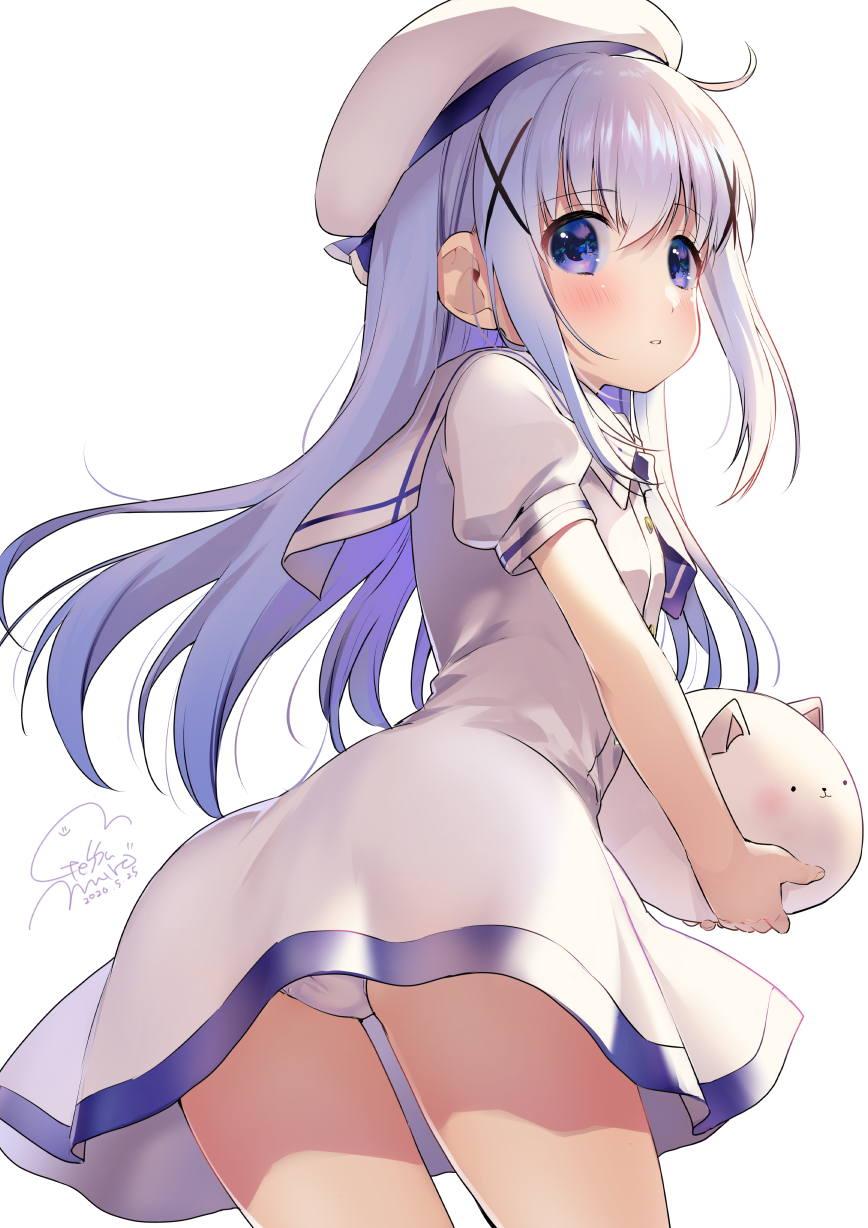 1girl angora_rabbit animal bangs blue_eyes blush dated dress eyebrows_visible_through_hair from_below geshumaro gochuumon_wa_usagi_desu_ka? hair_ornament hat highres holding holding_animal kafuu_chino long_hair panties pantyshot rabbit sailor_collar sailor_dress short_sleeves sidelocks signature silver_hair simple_background tippy_(gochiusa) underwear white_background white_dress white_headwear white_panties white_sailor_collar x_hair_ornament