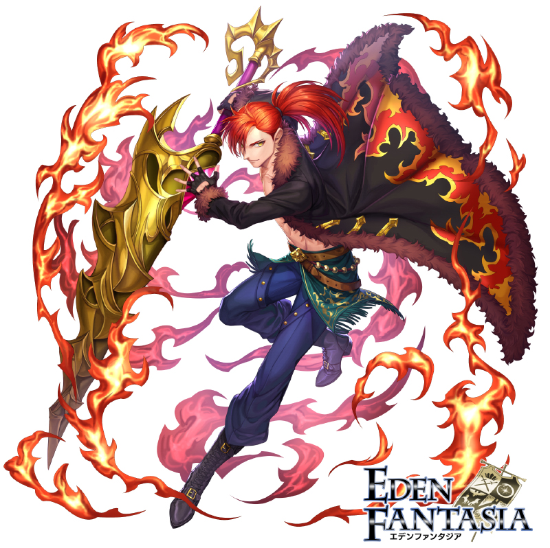 1boy belt black_jacket blue_pants boots box_(hotpppink) copyright_name eden_fantasia flaming_weapon full_body fur_trim hair_over_one_eye hair_tie holding holding_lance holding_polearm holding_weapon jacket knee_boots lance male_focus official_art pants polearm ponytail redhead watermark weapon white_background