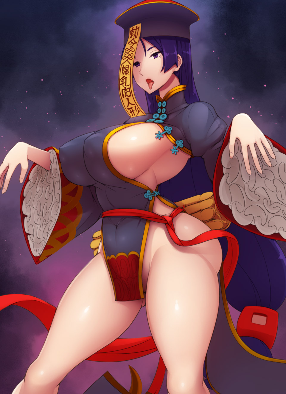 1girl abubu ass breasts covered_navel covered_nipples empty_eyes fate/grand_order fate_(series) hat highres jiangshi large_breasts long_hair minamoto_no_raikou_(fate/grand_order) no_panties open_mouth purple_hair qing_guanmao solo tongue tongue_out very_long_hair violet_eyes