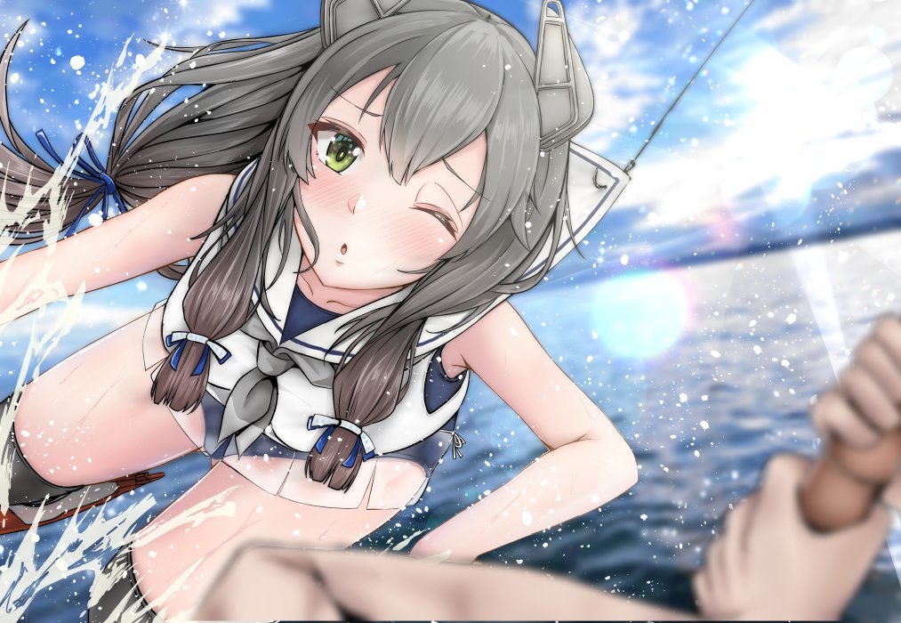 1girl 1other black_hair black_legwear blue_sky blurry clouds commentary_request crop_top day depth_of_field dutch_angle fishing_hook fishing_line fishing_rod green_eyes grey_neckwear hair_ribbon headgear holding holding_fishing_rod i-47_(kantai_collection) kantai_collection long_hair low-tied_long_hair neckerchief ocean one_eye_closed outdoors ribbon sailor_collar sailor_shirt school_swimsuit see-through_skirt shirt shohei_(piranha5hk) skirt sky sleeveless sleeveless_shirt swimsuit thigh-highs tress_ribbon water white_sailor_collar