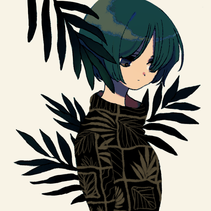 1girl bangs brown_eyes closed_mouth green_hair hair_over_one_eye ka_(marukogedago) leaf original parted_bangs short_hair solo sweater upper_body white_background