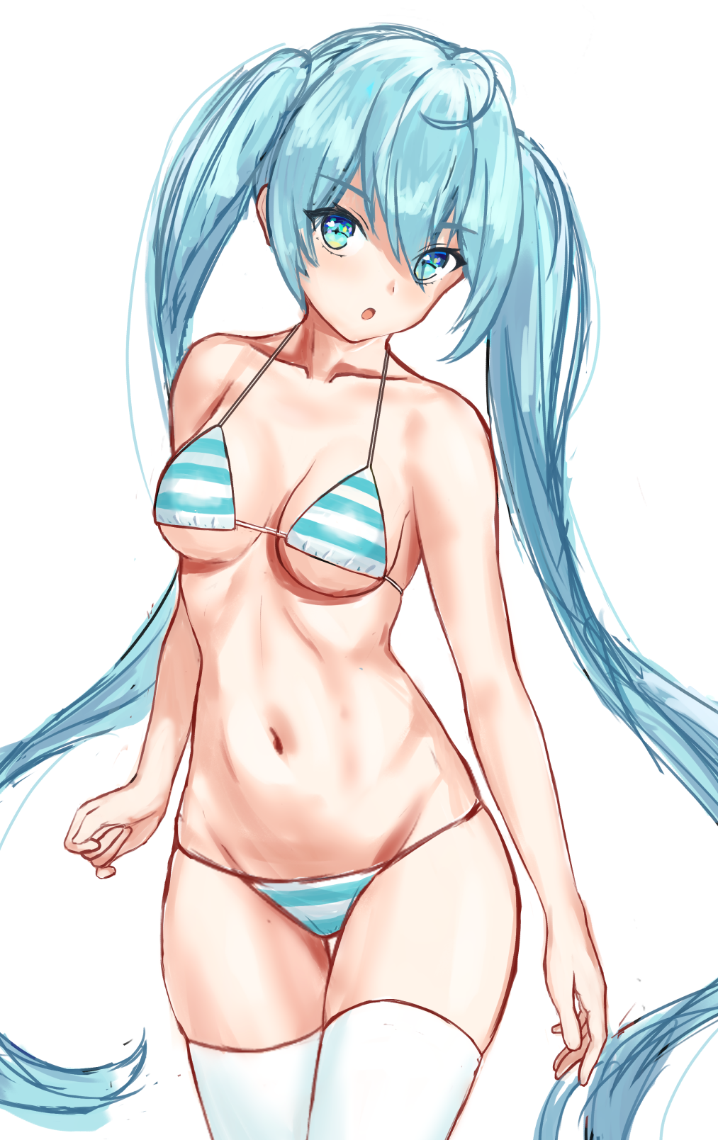 1girl ahoge aqua_eyes aqua_hair atto_illust bikini breasts hair_between_eyes hatsune_miku highres long_hair looking_at_viewer medium_breasts navel open_mouth simple_background solo striped striped_bikini swimsuit thigh-highs twintails very_long_hair vocaloid white_background white_legwear