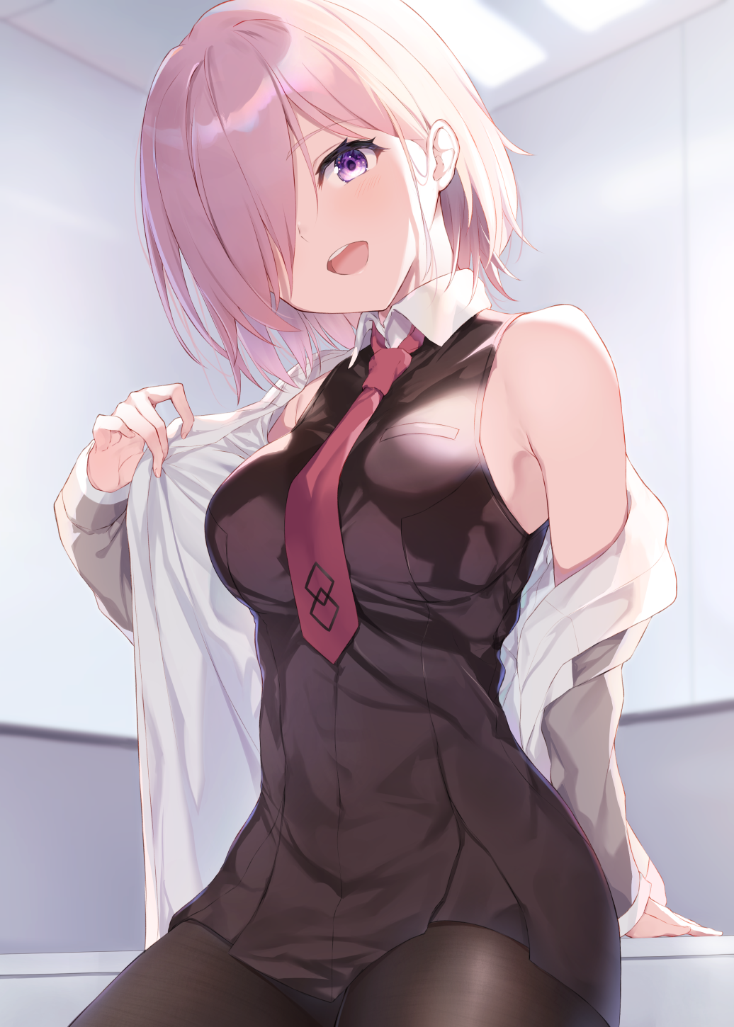 1girl bangs black_dress black_legwear blush breasts dress fate/grand_order fate_(series) fine_fabric_emphasis hair_over_one_eye highres jacket large_breasts light_purple_hair looking_at_viewer maosame mash_kyrielight necktie open_mouth pantyhose short_hair smile violet_eyes