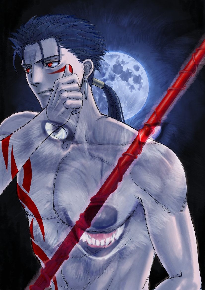 1boy abs angry animal biceps blue_hair bodypaint cu_chulainn_(fate)_(all) earrings face_painting fate_(series) gae_bolg gondawara_taizo jewelry moon muscle pectorals polearm ponytail red_eyes sky slit_pupils solo spear spiky_hair type-moon weapon wolf