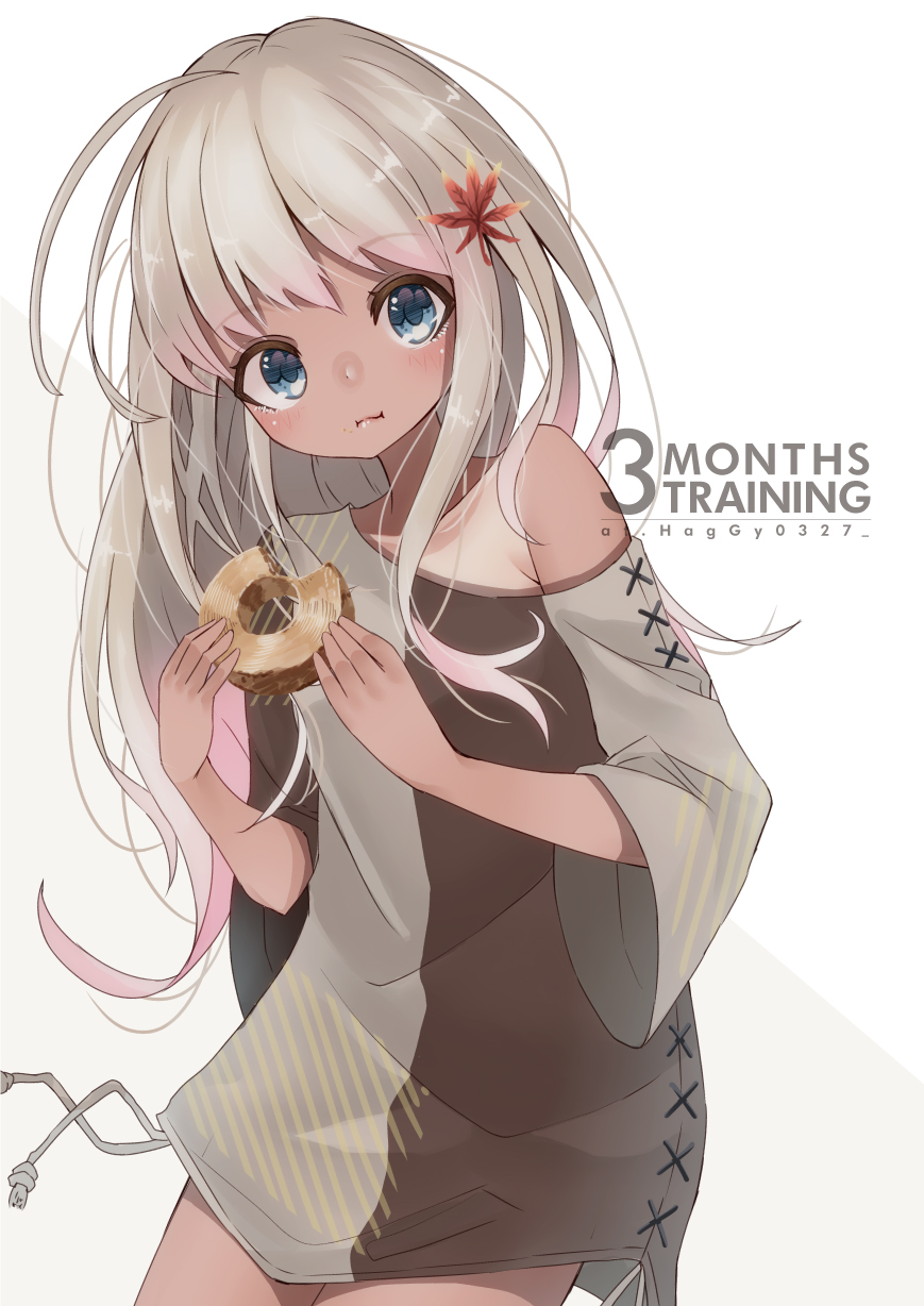 1girl alternate_costume bangs baumkuchen blonde_hair blue_eyes blush commentary_request cowboy_shot eating eyebrows_visible_through_hair flower food food_on_face haggy hair_flower hair_ornament highres holding holding_food kantai_collection long_hair long_sleeves looking_at_viewer off-shoulder_shirt off_shoulder one-piece_tan ro-500_(kantai_collection) shirt simple_background solo tan tanline white_background