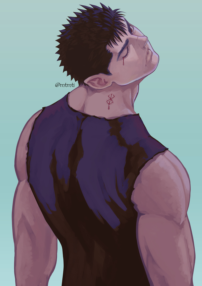 1boy back bara bare_shoulders berserk black_hair black_tank_top blood brand_of_sacrifice facial_scar guts_(berserk) head_tilt looking_back male_focus muscle nose_scar red_eyes scar short_hair sleeveless solo tank_top toned toned_male twitter_username upper_body zonzgong