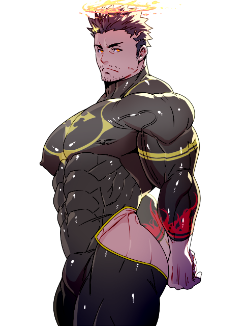 1boy ass bara black_hair bodysuit bulge chest clothing_cutout covered_abs covered_navel covered_nipples cowboy_shot facial_hair fire from_side halo looking_at_viewer mabataki male_focus manly muscle red_eyes short_hair solo stubble thick_thighs thigh_cutout thighs tokyo_houkago_summoners white_background yellow_eyes zabaniya_(tokyo_houkago_summoners)