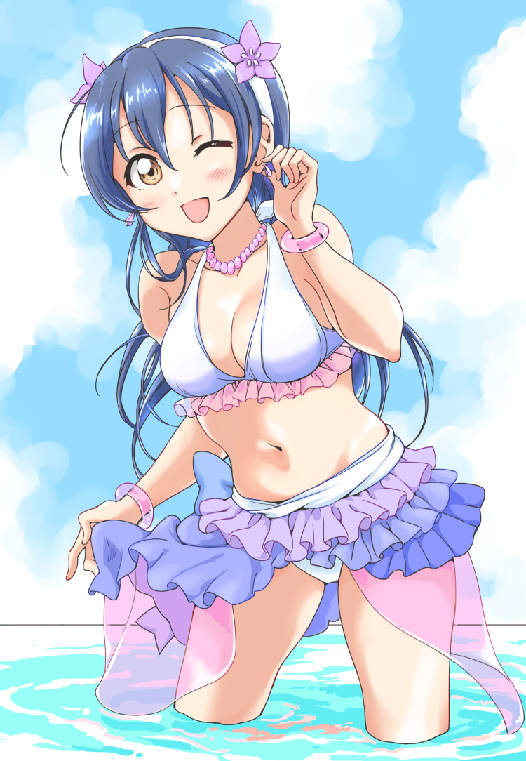 1girl bangle bangs bikini bikini_skirt blue_hair blush bracelet day earrings flower frilled_bikini frills hair_between_eyes hair_flower hair_ornament hand_on_ear hibiscus jewelry long_hair looking_at_viewer love_live! love_live!_school_idol_project natsuiro_egao_de_1_2_jump! one_eye_closed skirt_hold sonoda_umi swimsuit tetopetesone yellow_eyes