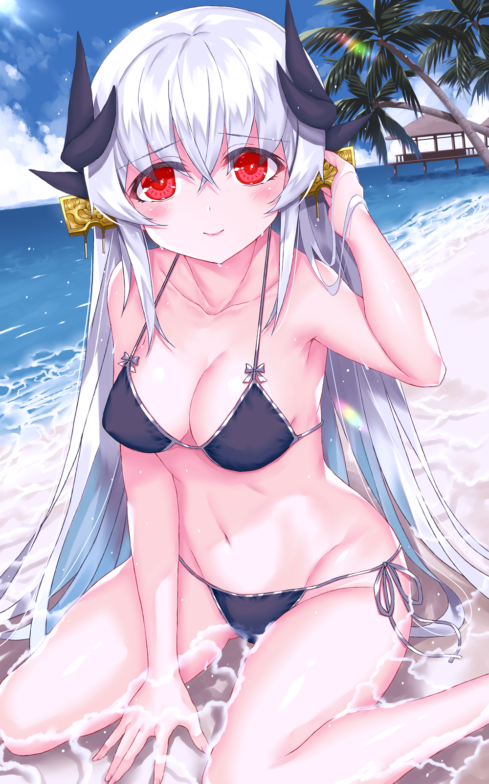 1girl beach bikini black_bikini breasts dragon_girl dragon_horns fate/grand_order fate_(series) grey_hair highres horns kiyohime_(fate/grand_order) long_hair looking_at_viewer medium_breasts morizono_shiki multiple_horns navel red_eyes sitting smile solo swimsuit wariza water wet white_hair