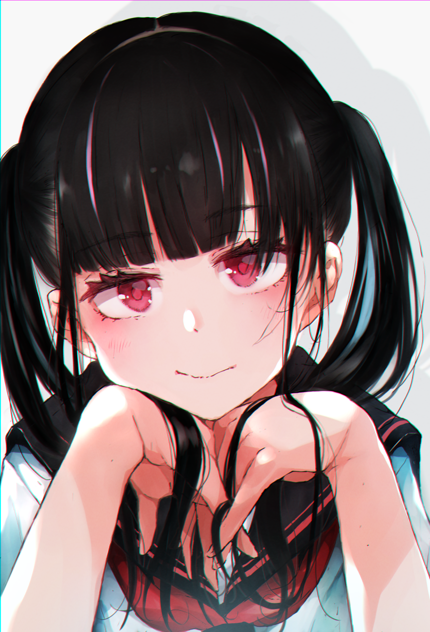 1girl bangs black_hair black_sailor_collar blunt_bangs blush closed_mouth commentary_request drop_shadow eyebrows_visible_through_hair glaring gomennasai grey_background hands_up highres long_hair looking_at_viewer original red_neckwear sailor_collar shirt solo twintails upper_body white_shirt