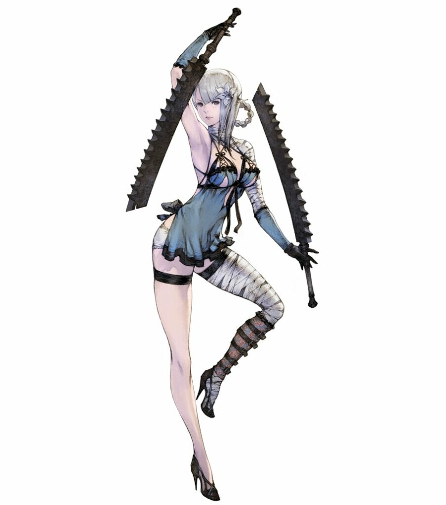 1girl bandaged_arm bandaged_leg bandages flower full_body hair_flower hair_ornament high_heels jagged_sword kaine_(nier) lingerie nier nier_(series) official_art silver_hair single_thighhigh solo sword thigh-highs underwear weapon yoshida_akihiko