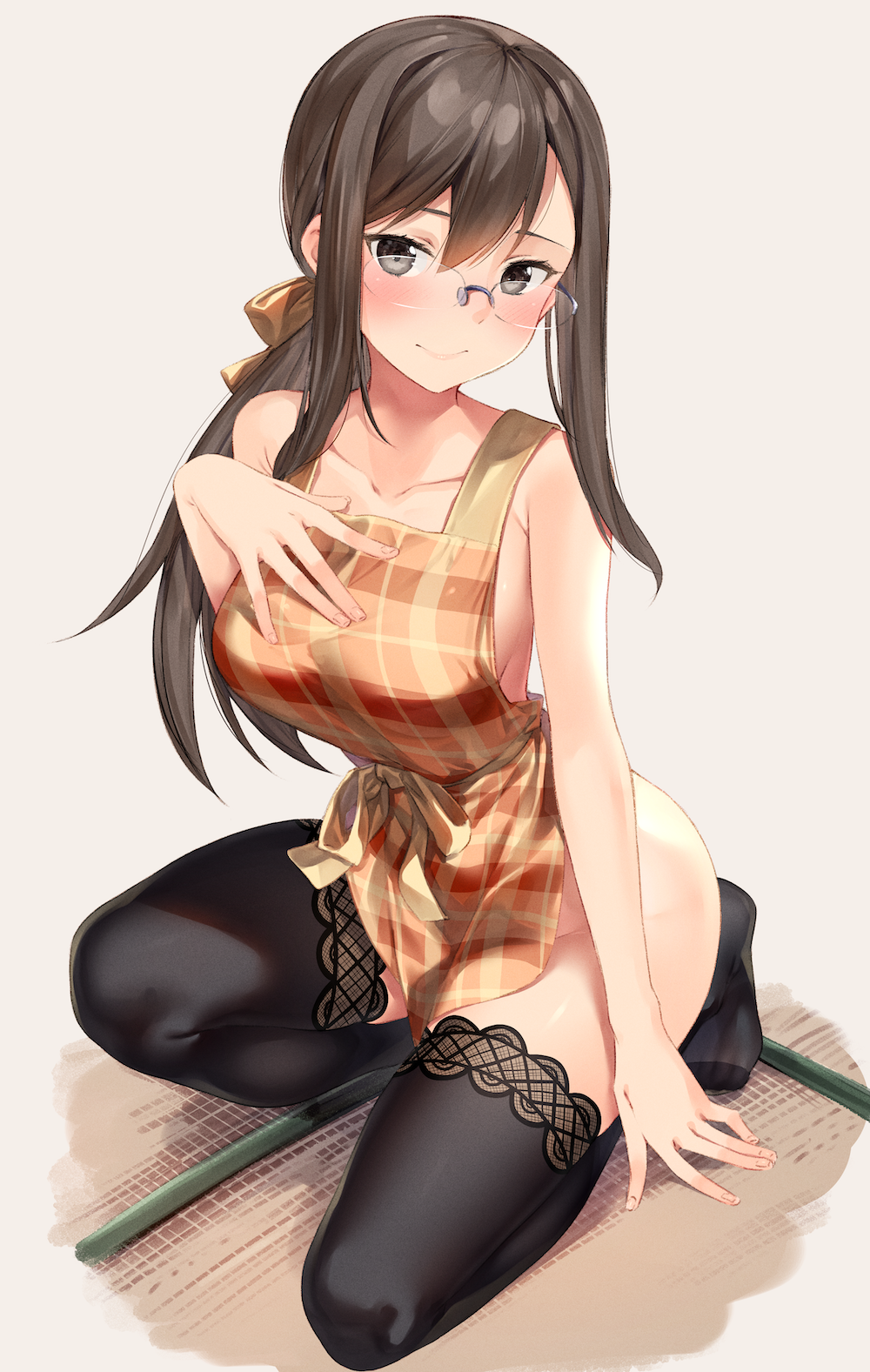 1girl apron bangs bare_arms bare_shoulders black_eyes black_hair black_legwear blush bow breasts brown_bow closed_mouth collarbone commentary_request full_body glasses hair_bow hand_on_own_chest highres juusan_kihei_bouei_ken kei_(soundcross) long_hair looking_at_viewer low_ponytail medium_breasts naked_apron one_knee orange_apron plaid plaid_apron rimless_eyewear sidelocks simple_background smile solo tatami thigh-highs white_background yakushiji_megumi