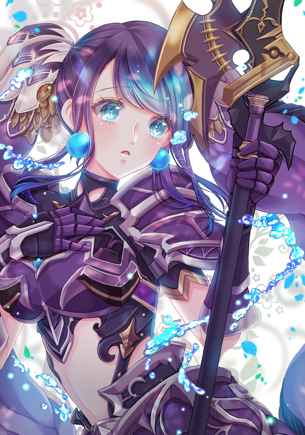 1girl aqua_eyes armor breastplate commentary_request earrings eyebrows_visible_through_hair faulds fins gauntlets highres jewelry long_hair navel ningyo_hime_(sinoalice) parted_lips polearm purple_hair shoulder_armor sinoalice solo spear tm_(pixiv45602758) very_long_hair water weapon