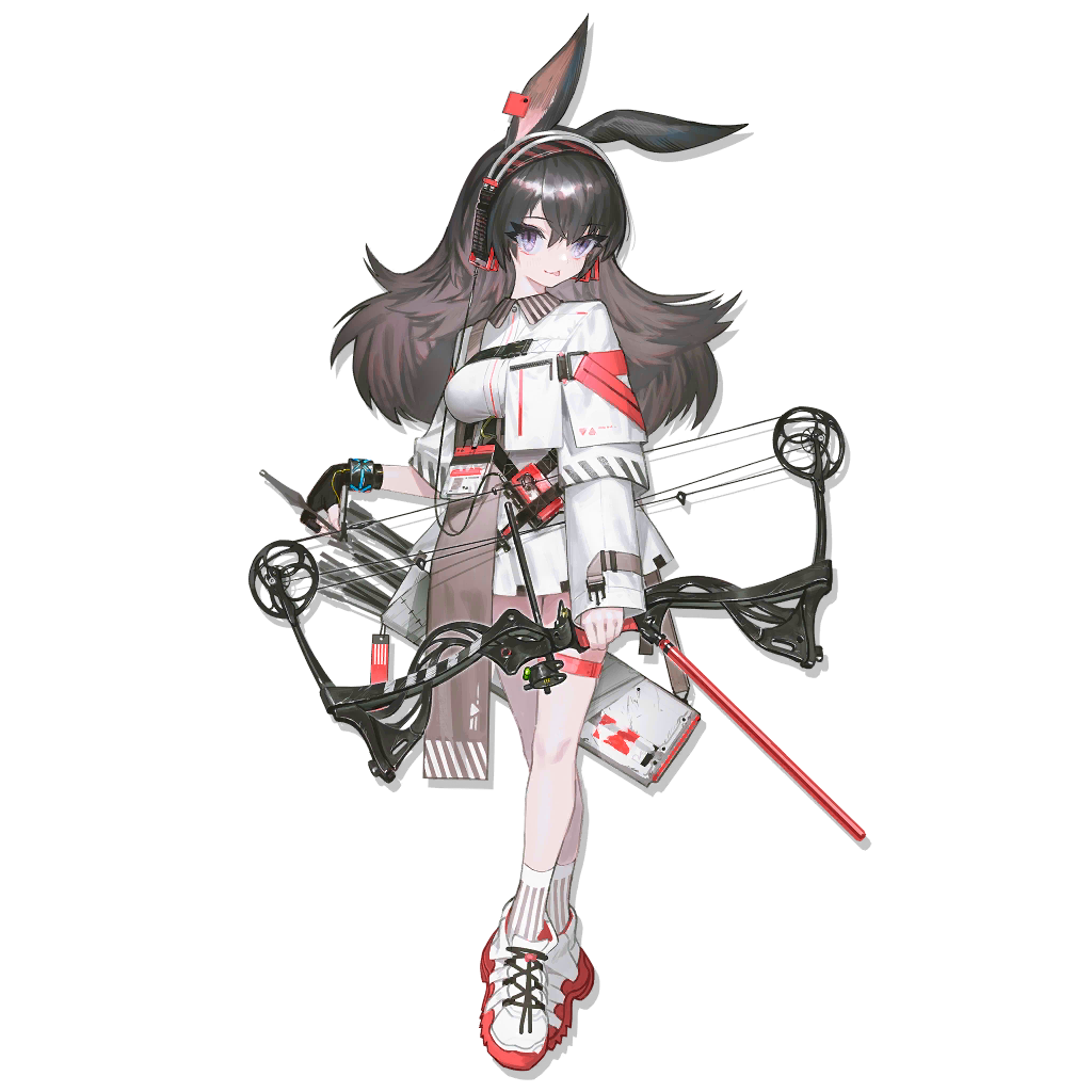 1girl :p animal_ears april_(arknights) arknights arrow_(projectile) bangs bare_legs black_gloves black_hair bow_(weapon) compound_bow crossed_legs dress fingerless_gloves full_body gloves hair_between_eyes holding holding_bow_(weapon) holding_weapon long_hair long_sleeves looking_at_viewer official_art quiver rabbit_ears reoen shoes short_dress single_glove smile sneakers socks solo standing tongue tongue_out transparent_background violet_eyes watson_cross weapon white_dress white_footwear white_legwear