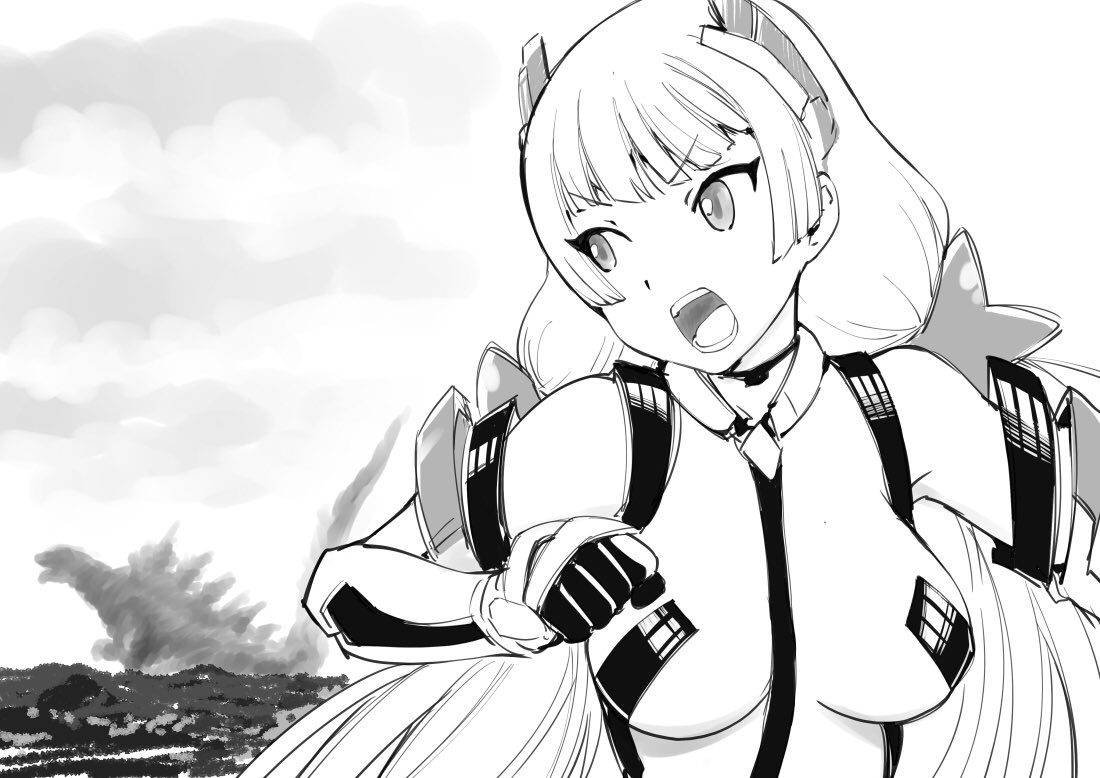 1girl angela_balzac breasts character_request commentary_request crossover expelled_from_paradise godzilla_(series) long_hair monochrome ueyama_michirou